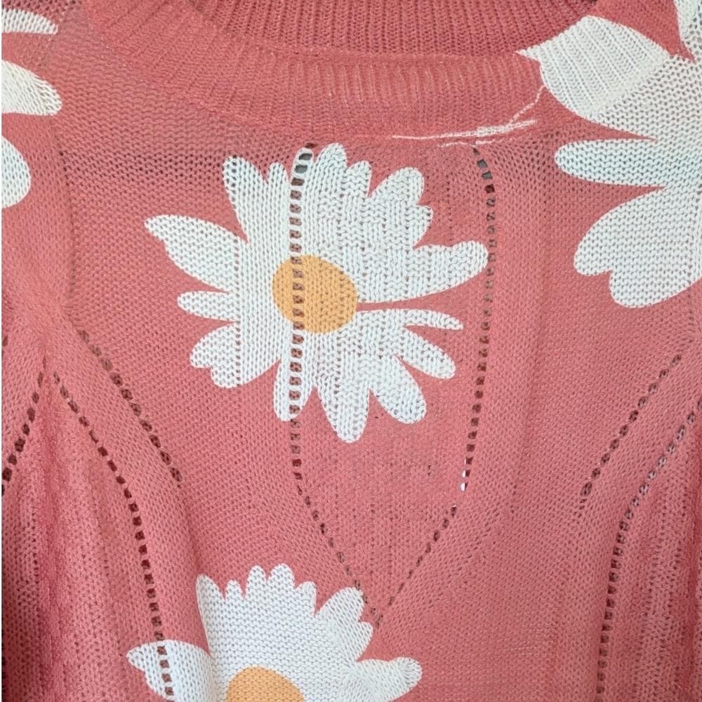 Davi & Dani Daisy Floral Knit Sweater Womens Small Pink Pointelle Pullover Boho - Picture 5 of 7
